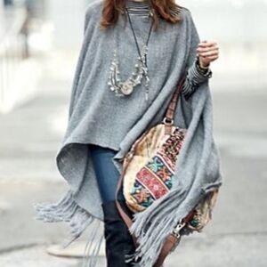 **RARE** Free People Gray Fringe Poncho